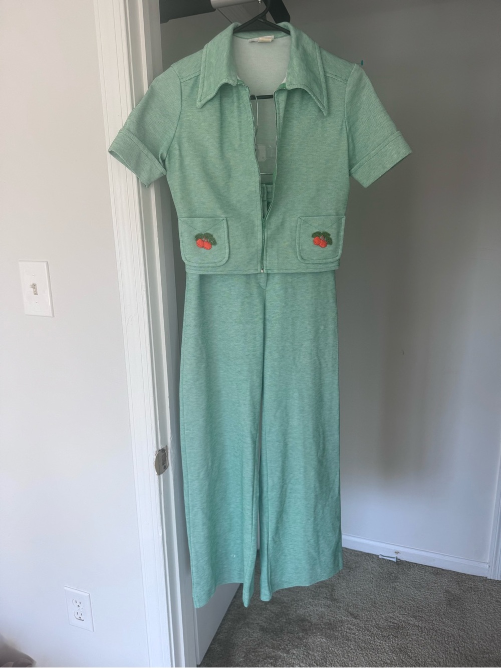Vintage Mint Green Two-Piece Set with Cherry Pocket Embroidery